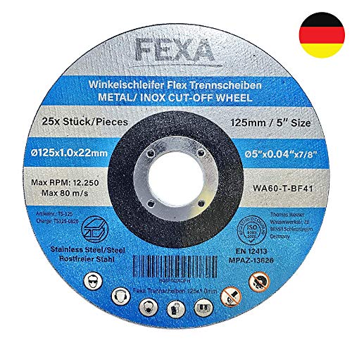 25x Premium Discos de corte - 125x1.0mm - Juego de discos flexibles INOX para metal, acero y acero inoxidable - Discos abrasivos Fexa de alto rendimiento