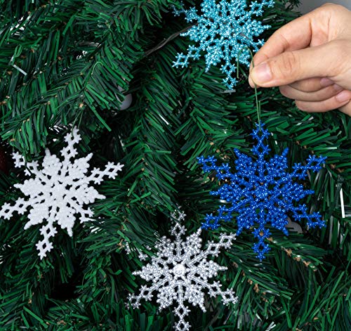32 Piezas de Adornos de Copo de Nieve, Coloridas Decoraciones de Plástico para Árboles de Navidad, Decoraciones con Purpurina, con Cuerda y Gancho en S, 10 x 10 cm