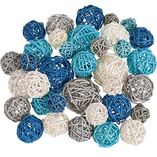 36 Bolas de Ratán de Mimbre Orbes Decorativos Rellenos de Jarrón para Artesanía, Fiesta, Boda, Aromaterapia, Jardín, 4 Tamaños (Azul Oscuro, Azul Cielo, Gris, Blanco)