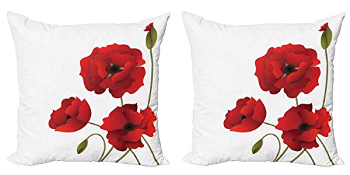 ABAKUHAUS Floral Set de 2 Fundas para Cojín, Amapola Arte de Las Flores Pastoral, con Estampado en Ambos Lados con Cremallera, 40 cm x 40 cm, Rojo y Verde