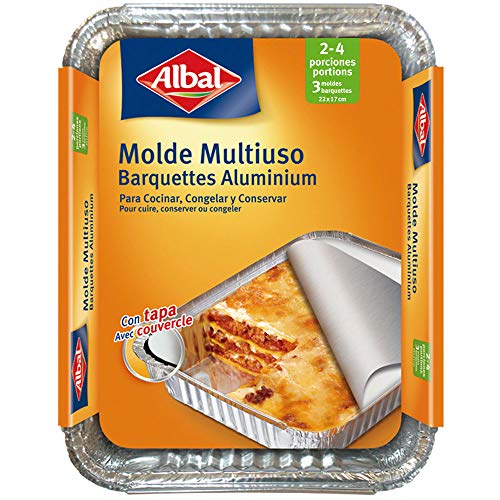 Albal Aluminio 22x17x3,5 Centímetros con Tapa | Desechables | Hornear, Congelar y Conservación de Alimentos | 2-4 Porciones | 3 Moldes