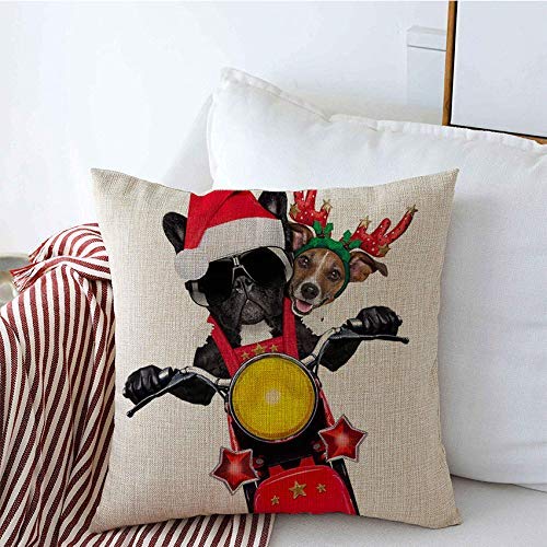 Almohada decorativa Fundas cuadradas Dos perros de Navidad en motocicleta Claus en motocicleta Montar en scooter Animales Vida salvaje Presente Vacaciones Cojín de lino Funda de almohada para sofá cam