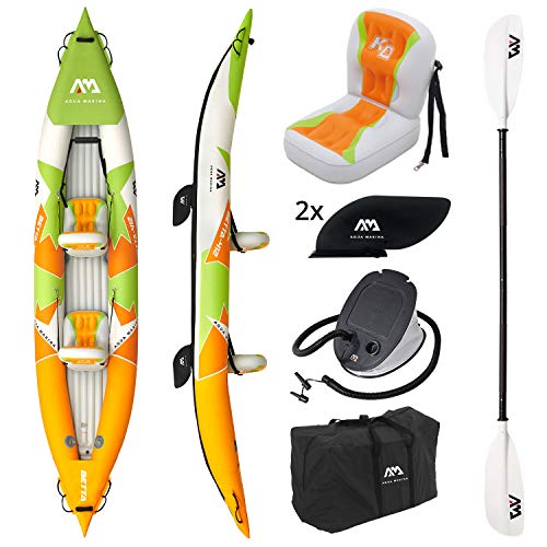AM AQUA MARINA Set de Kayac Inflable por 2 BETTA-412 2020 13‘6‘‘ 2 Personas Canoa para Dos Bote con remos, Bomba, Bolsa 412 x 80 cm Naranja/Verde