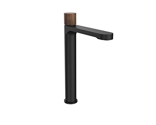 Andemen 19B03HB+HW - Grifo Monomando de Lavabo Caño Alto para Baño Acabado en Negro Mate con Maneta de Madera, Colección Honolulu