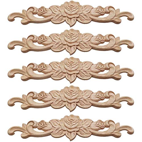 Apliques de Madera Tallada Sin Pintar DIY Madera Tallada Larga Onlay Aplique Decorativo Talla de Apliques Tallados en Madera Molduras de Madera Madera Tallada Calcomanias para Deco del Hogar(5 Piezas)