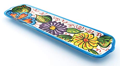 ART ESCUDELLERS Bandeja con Asas/POSACUCHARAS en Ceramica Hecha y Pintada a Mano con decoración Flor. 29 cm x 7,5 cm (Azul Celeste)