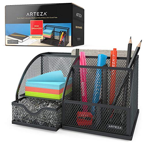 ATEZA Organizador de escritorio de oficina metálico con cajón | 6 compartimentos | Organizador multifunción para bolígrafos, lápices, notas, grapadoras, tijeras y otros accesorios | Color negro