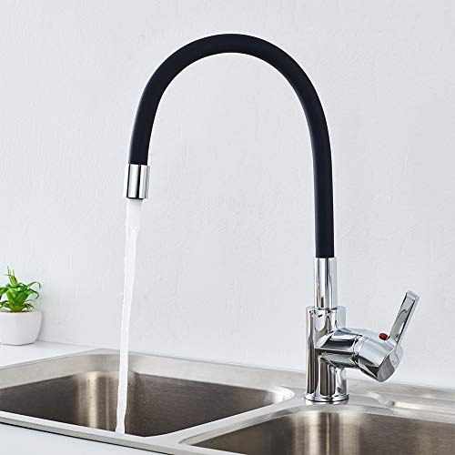 Auralum Grifo de Cocina Negro y Cromado con Caño Flexible, 360° Grifo Monomando de la manguera de goma con Aireador, Agua Fría y Caliente disponibles