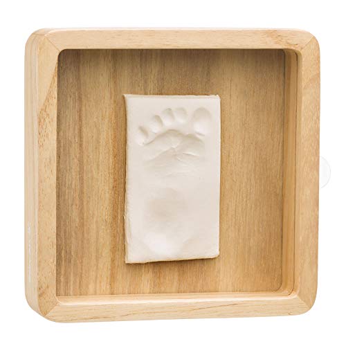Baby Art Magic Box Wooden Set de huella de bebé en arcilla blanca, huellas de maños y pies de bebé, con funda de madera y protección transparente, color madera