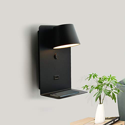 BarcelonaLED Lámpara Aplique de pared LED Aluminio negro con base de carga USB, foco orientable de 6W blanco cálido 2700K e interruptor para dormitorio cabecero lectura salón
