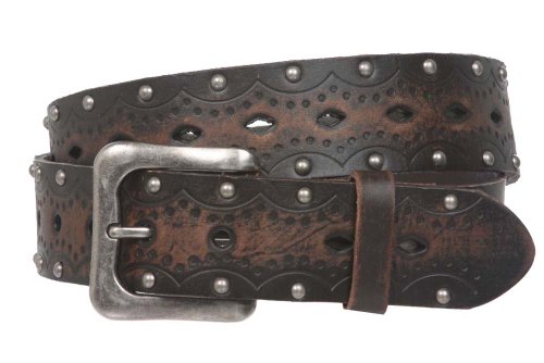beltiscool Cinturón de vaquero de piel maciza con relieve vintage perforado de 3,81 cm - Marrón - 101.6 cm