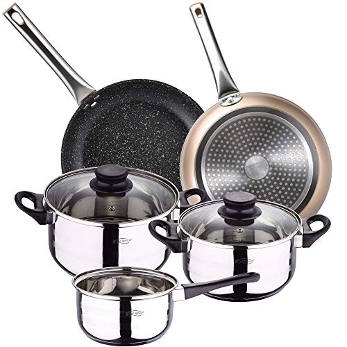 BERGNER INOX Batería de cocina 5 piezas acero inoxidable y set 2pcs sartenes 20/30 champagne, aluminio forjado, inducción