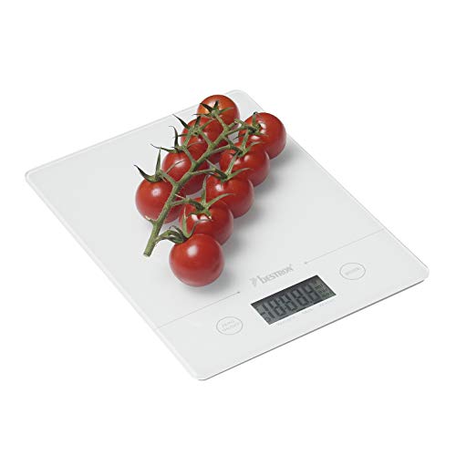 Bestron Báscula Digital de Cocina con Pantalla LCD, Capacidad de carga 5 kg, Precisión hasta 1 g, Cristal, Blanca
