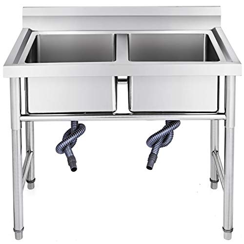 BuoQua Fregadero Comercial de Acero Inoxidable, 2 Compartimientos de Tamaño 42 x 39 x 24 cm y Tamaño Total 95 x 60 x 95 cm para Fregadero de Cocina, Plata Hecho a Mano para Fregadero de Barra Inferior