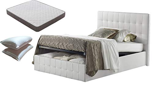Cama de plaza y media con caja de almacenamiento blanca + colchón de plaza y media altura 20 cm + par de almohadas de fibra 3D