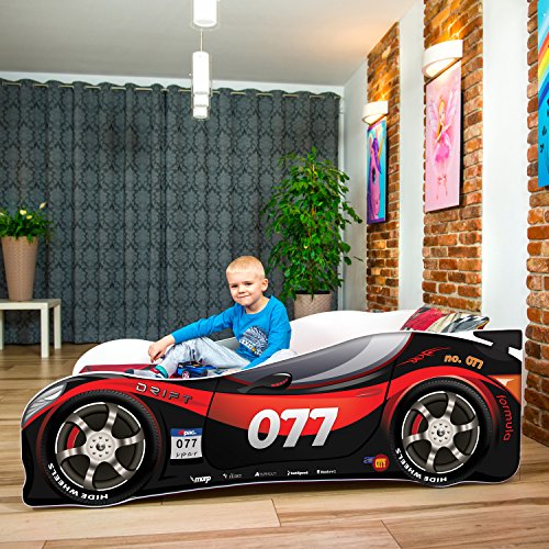 Cama infantil coche de carreras + somier (barandas) + colchón de espuma con cubierta (160 x 80 cm (3-8 años), black-red 077)