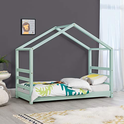 Cama para niños de Pino 160 x 80 cm Cama Infantil Forma de casa en Color Verde Menta Lacado Mate Cama para niños de Pino 160 x 80 cm Cama Infantil Forma de casa en Color Verde Menta Lacado Mate