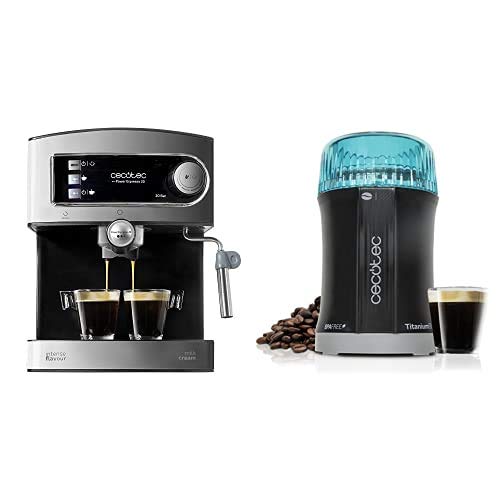 Cecotec Power Espresso 20 Cafetera Express Manual, 850 W, Presión 20 Bares, Depósito de 1,5L+Molinillo de Café y Especias TitanMill 200, Compacto, 200 W, Cuchillas recubiertas de Titanio
