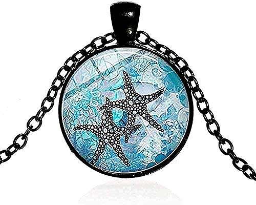 Collar de tortuga marina, tema del océano, delfín, estrella de mar, azul, pintura de acuarela, impresión artística, cúpula de cristal, collar Pend, mujeres, hombres