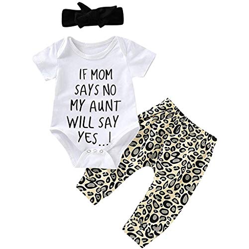 Conjunto de ropa para niñas de 0 a 24 meses, conjunto de ropa de bebé de manga corta con estampado de carta y pantalones de leopardo+diadema, blanco, 18-24 meses