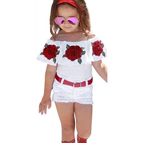 Conjunto de ropa para niñas de 0 a 5 años de edad para niñas pequeñas con hombros descubiertos y estampado de rosas+agujero vaquero pantalones cortos, conjunto de ropa para bebé, blanco, 18-24 meses