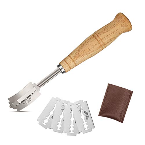 Cortador de pan Faminess, hecho a mano, cortador para masa de pan, con 5 cuchillas y cubierta protectora de cuero auténtico, para hacer pan y hornear