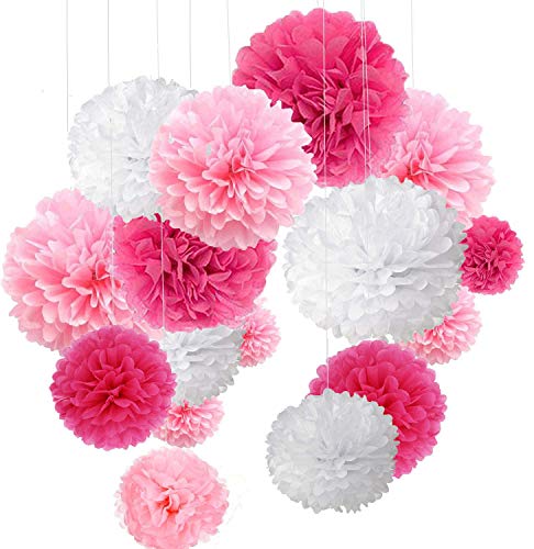 Decoración de Fiesta Pompom Flores,Kit de Fiesta de Pompones,Papel para Colgar Bola Decoración,pompones de papel,Flores Decoracion Cumpleaños - Rosa, rosa y blanco