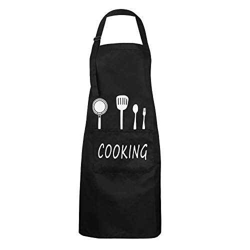 Delantal de Cocina Impermeable con Bolsillos Correa para el Cuello Ajustable Delantales Hombre Mujer Delantal Cocinero Mandil Cocina para Jardinería Restaurante Barbacoa Cocinar Hornear (Negro)