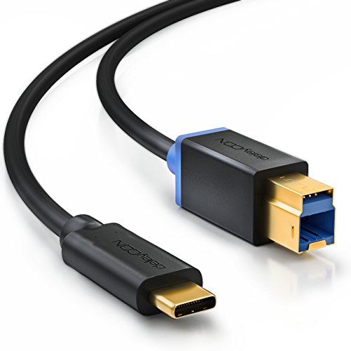 deleyCON 1,5m USB 3.0 Cable de Impresora Cable del Escáner - Tipo de Conector 3.1 - USB C a USB B - Cable de Datos de 5 Gbit/s por Ejemplo Ordenador Impresora Disco Duro Externo - Negro