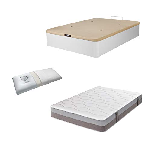 DHOME Pack Canape abatible tapizado 3D Madera + Colchón viscografeno, Reversible mas Almohada viscoelastica (150x200 Blanco, 22mm + Colchón + Almohada Viscoelástica)