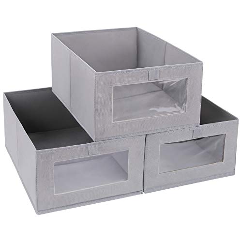 DIMJ Cajas de almacenaje Plegable, Conjunto de 3 Cajas Organizadoras Tela, Cubos de Almacenamiento con Ventana Transparente, Organizadores de Contenedore para Ropa Juguetes Libros (Gris Claro)