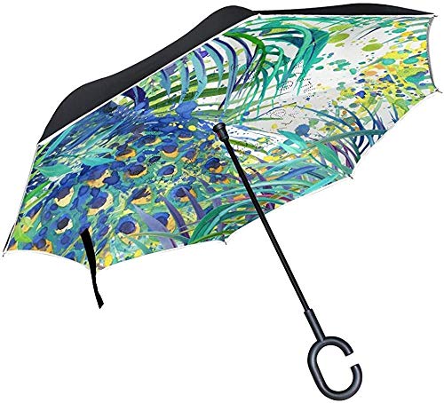 Dliuxf Paraguas de Hoja de Pavo Real invertido Paraguas de Lluvia a Prueba de Viento inverso para Coche al Aire Libre con manija en Forma de C