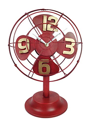Emartbuy Reloj Ventilador de Mesa de Metal de Estilo Industrial Retro Vintage Decoración Rústico de La Oficina Casa - Rojo