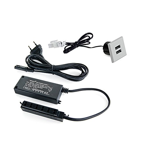 Emuca - Cargador USB universal tipo-A con 2 puertos para encastrar en mueble, color gris metalizado