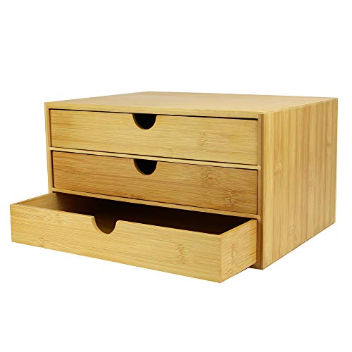 Escritorio de bambú 3 cajones | Mini organizador de escritorio | Unidad de almacenamiento estacionaria | Cajón de suministros de oficina |M&W (Tamaño grande)