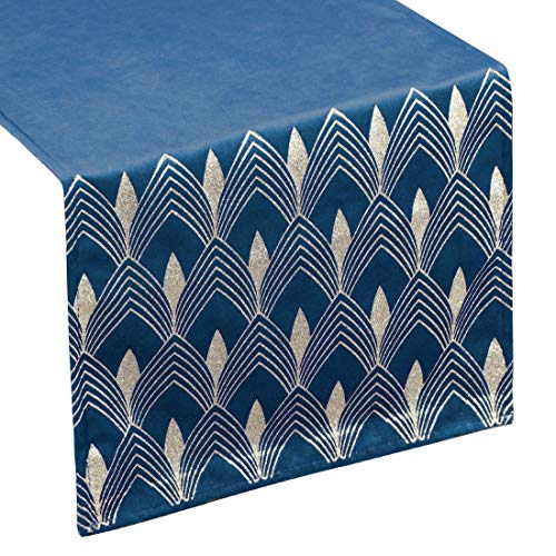 Eurofirany Camino de Mesa de Terciopelo, patrón geométrico, decoración de Mesa, Mantel de Velvet, Elegante, 1 Unidad, Azul Marino, 40 x 140 cm