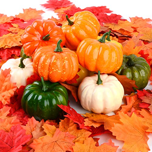 Fansport 12 Piezas Mini De Calabaza Acción de Gracias+ 400 Piezas De Hojas De Arce Otoño Acción de Gracias, Calabazas Artificiales Otoño Acción de Gracias Decoraciones