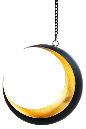 Farol de oriental colgante de metal Qamar negro oro de 20 cm | Portavelas de metal oriental con asa de estilo oriental | Faroles marroquíes colgantes