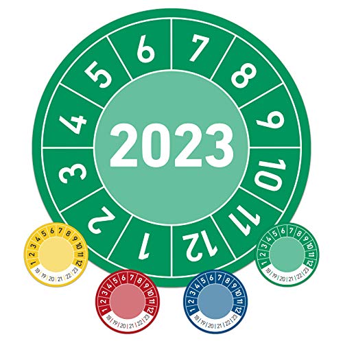 Fecha de prueba para el año 2023. Plaquetas de mantenimiento de 30 mm de diámetro, color verde.