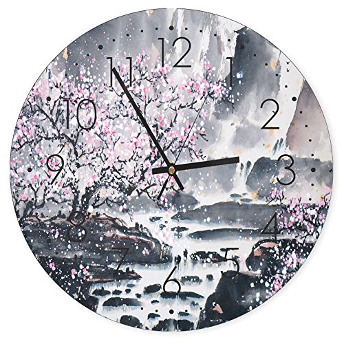 Feeby, Reloj de Pared, Multicolor Deco Panel con Reloj, diámetro 40 cm, ÁRBOL, Vista, Paisaje, Naturaleza, Rosado, Negro