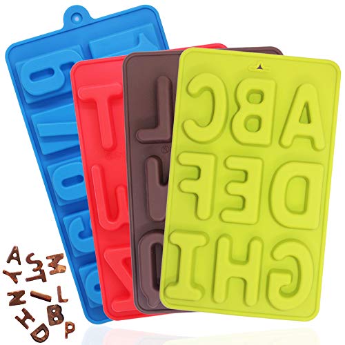 FineGood - 4 moldes de silicona con números de alfabeto, moldes para dulces de chocolate con 26 letras y números, bandejas para hornear caramelos, moldes para galletas y cubitos de hielo