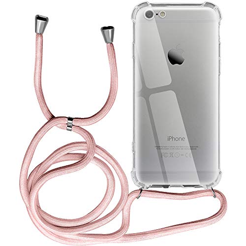 Funda para iPhone 6, Transparente Silicona Carcasa con Cuerda para iPhone 6S, Suave TPU Case con Cuerda para Colgar Ajustable Anti Golpes Protector Case - Rosa de Oro