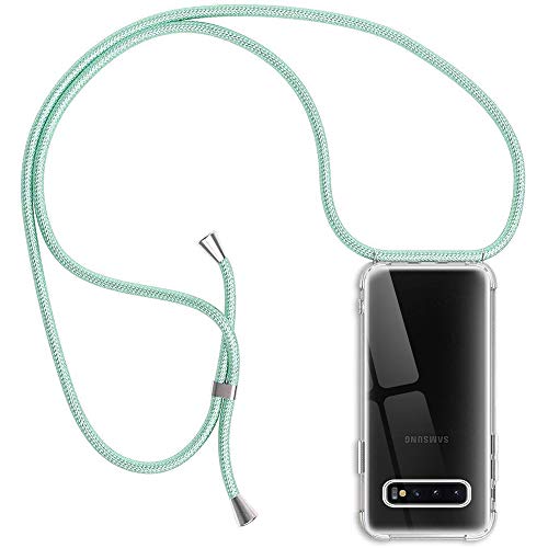 Funda para Samsung Galaxy S10, Transparente Silicona Carcasa con Cuerda para Samsung S10, Ultrafina Suave TPU Gel Case con Cuerda para Colgar Ajustable Anti Golpes Protector Case Verde Claro