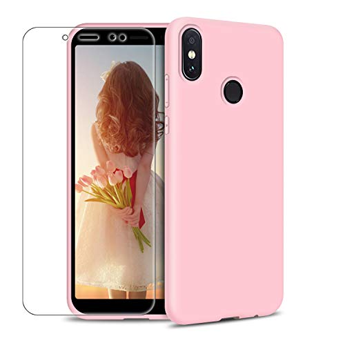 Funda Xiaomi Mi A2 + Protector de Pantalla de Vidrio Templado, Carcasa Ultra Fino Suave Flexible Silicona Colores del Caramelo Protectora Caso Anti-rasguños Back Case - Rosa Claro