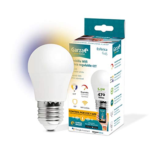 Garza ® Smarthome - Bombilla LED Esférica Intelegente Wifi E27, luz blanca neutra regulable con cambio de intensidad y temperatura. Programable, compatible con Amazon Alexa y Google Home.