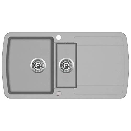 GHJA Fregadero de Cocina de Granito, Lavabo Doble, Gris con colador de Cesta GHJA Fregadero de Cocina de Granito, Lavabo Doble, Gris con colador de Cesta