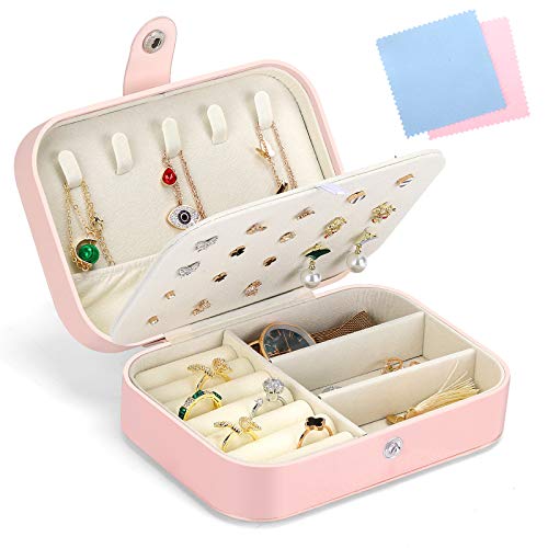 Gozlu Joyeros Mujer Organizador, Pequeña Joyero Viaje Decorativas Cajas, con 2 Joyas Paños Limpios, Para Anillos, Aretes, Pendientes, Pulseras y Collares, Rosa