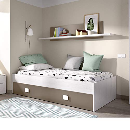 HABITMOBEL Cama Nido con Cajon y Estante Superior Acabado Artic y Taupe. para colchón de 90x190cm HABITMOBEL Cama Nido con Cajon y Estante Superior Acabado Artic y Taupe. para colchón de 90x190cm