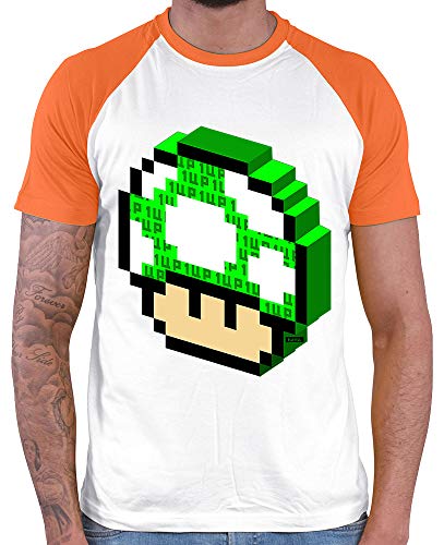 Hariz Camiseta de béisbol para hombre, diseño de seta, retro, gaming, tarjeta de regalo Color blanco y naranja. L