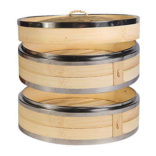 Hcooker 2 Capas Vaporizador de Bambú para Cocina con Doble Bandas de Acero Inoxidable para Cocina Asiática Bollos Empanadillas Verduras Pescado Arroz
